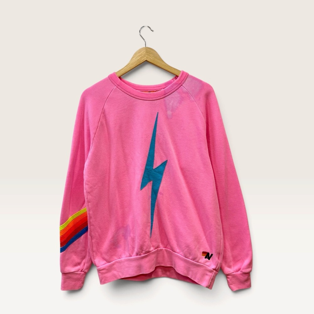 Aviator Nation Pink Lightning Bolt Rainbow Stripe Sweatshirt Size M Made in USA